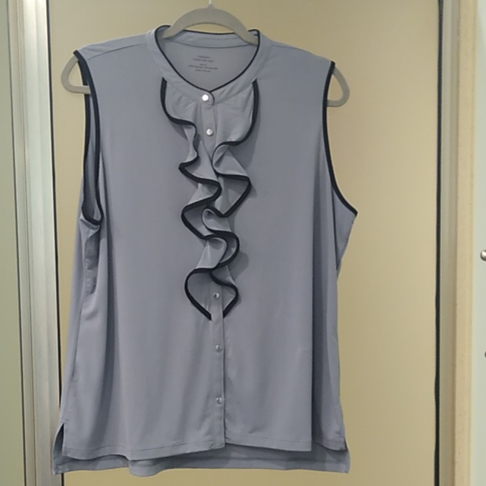 Grey Carmen blouse with black piping and ruffle